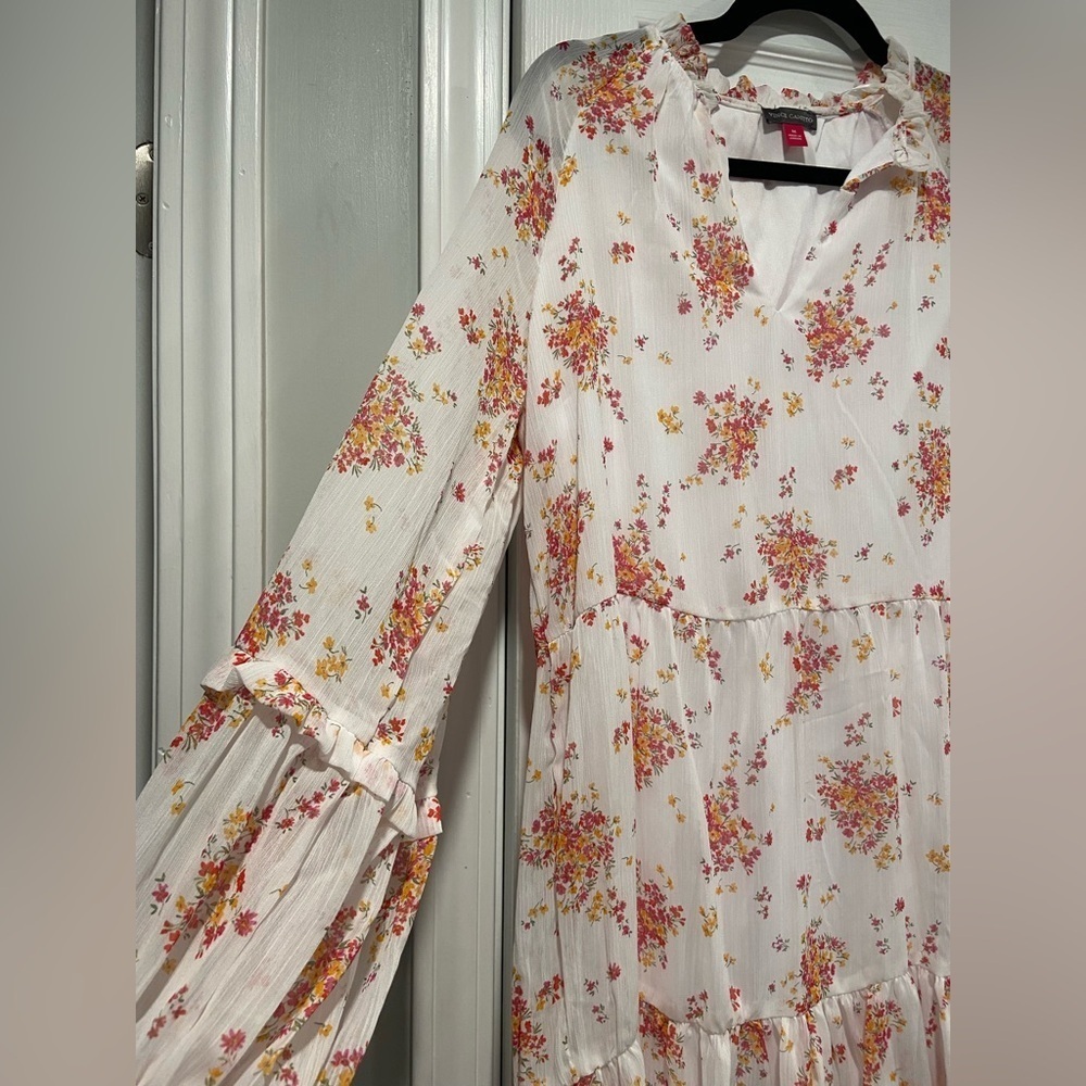 NWT Vince Camuto Size M White Floral Ruffle Flowy Long Sleeve Sheer Mini Dress - Picture 3 of 14